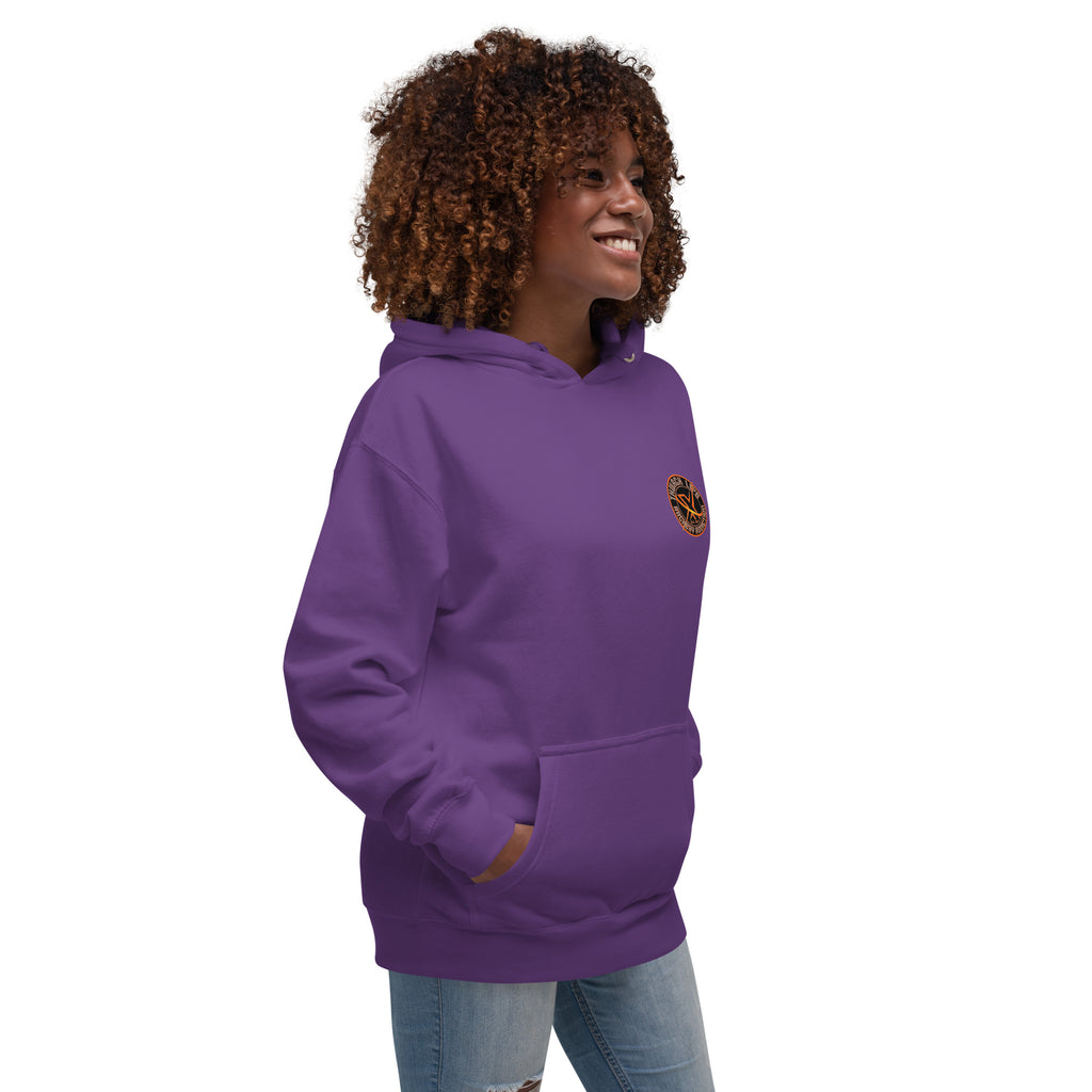 Sugar Skull Pullover Hoodie in Purple, three-quarter front view on a model with the small round chest logo