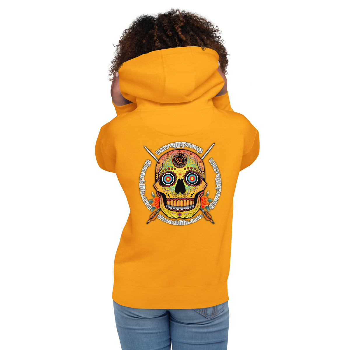Sugar Skull Pullover Hoodie in Team Gold, back view on a model showing the Sugar Skull with the thwacklife.com ring