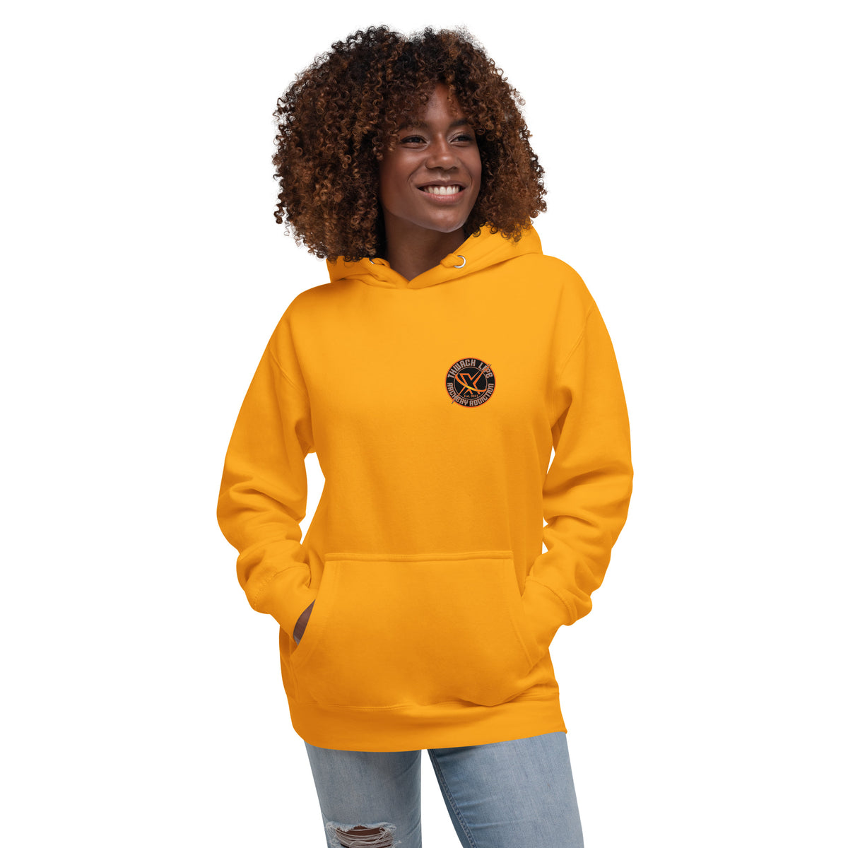 Sugar Skull Pullover Hoodie in Team Gold, front view on a model with the small round chest logo