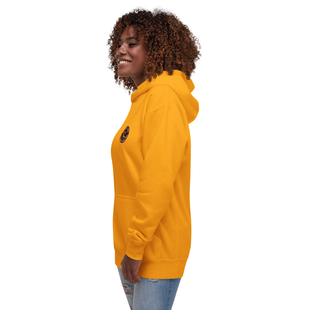 Sugar Skull Pullover Hoodie in Team Gold, left side view on a model