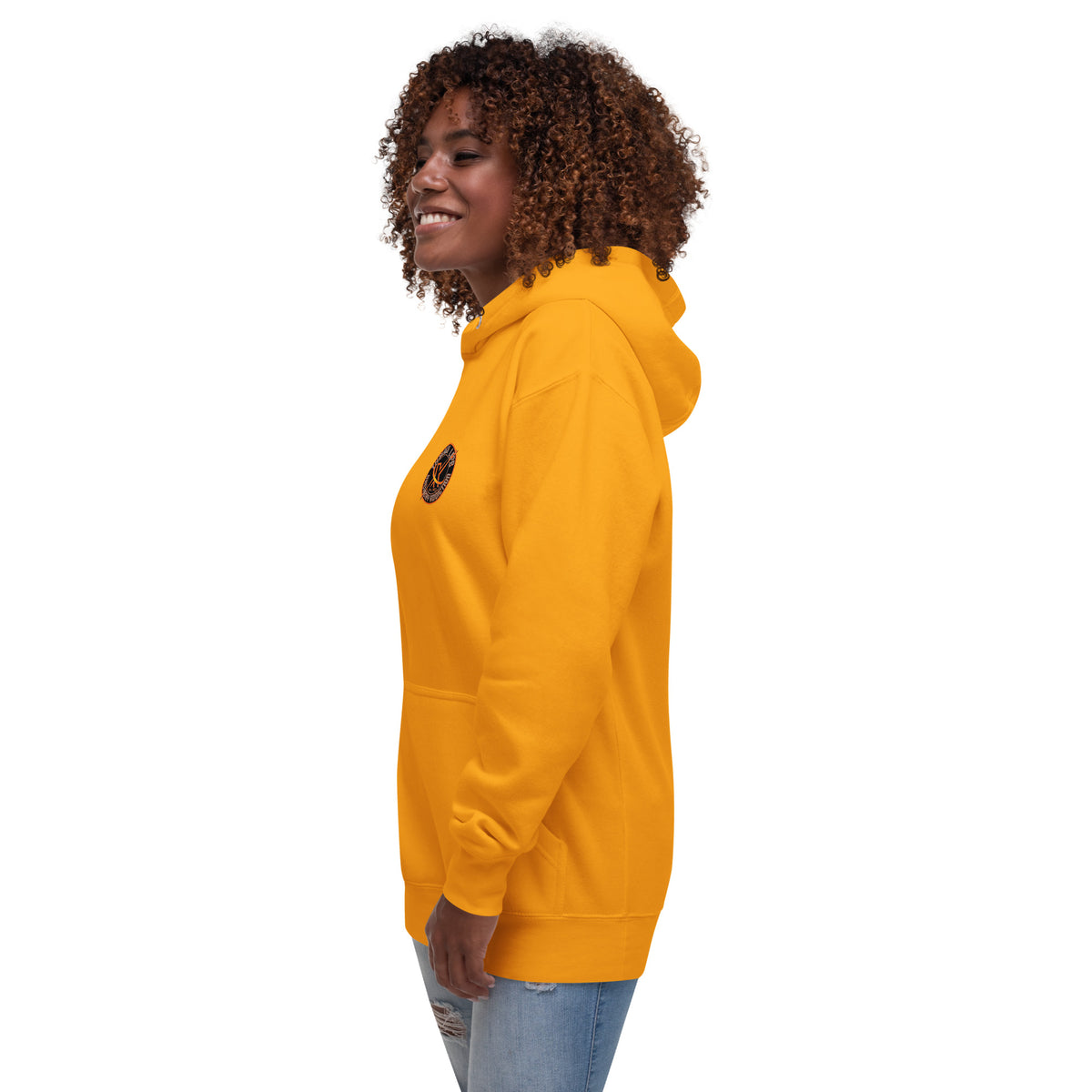 Sugar Skull Pullover Hoodie in Team Gold, left side view on a model