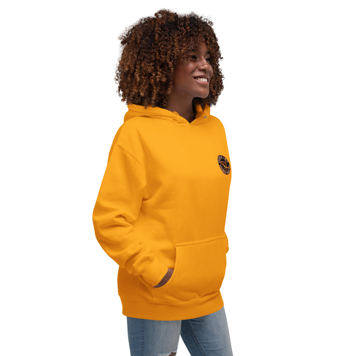 Sugar Skull Pullover Hoodie in Team Gold, three-quarter front view on a model with the small round chest logo