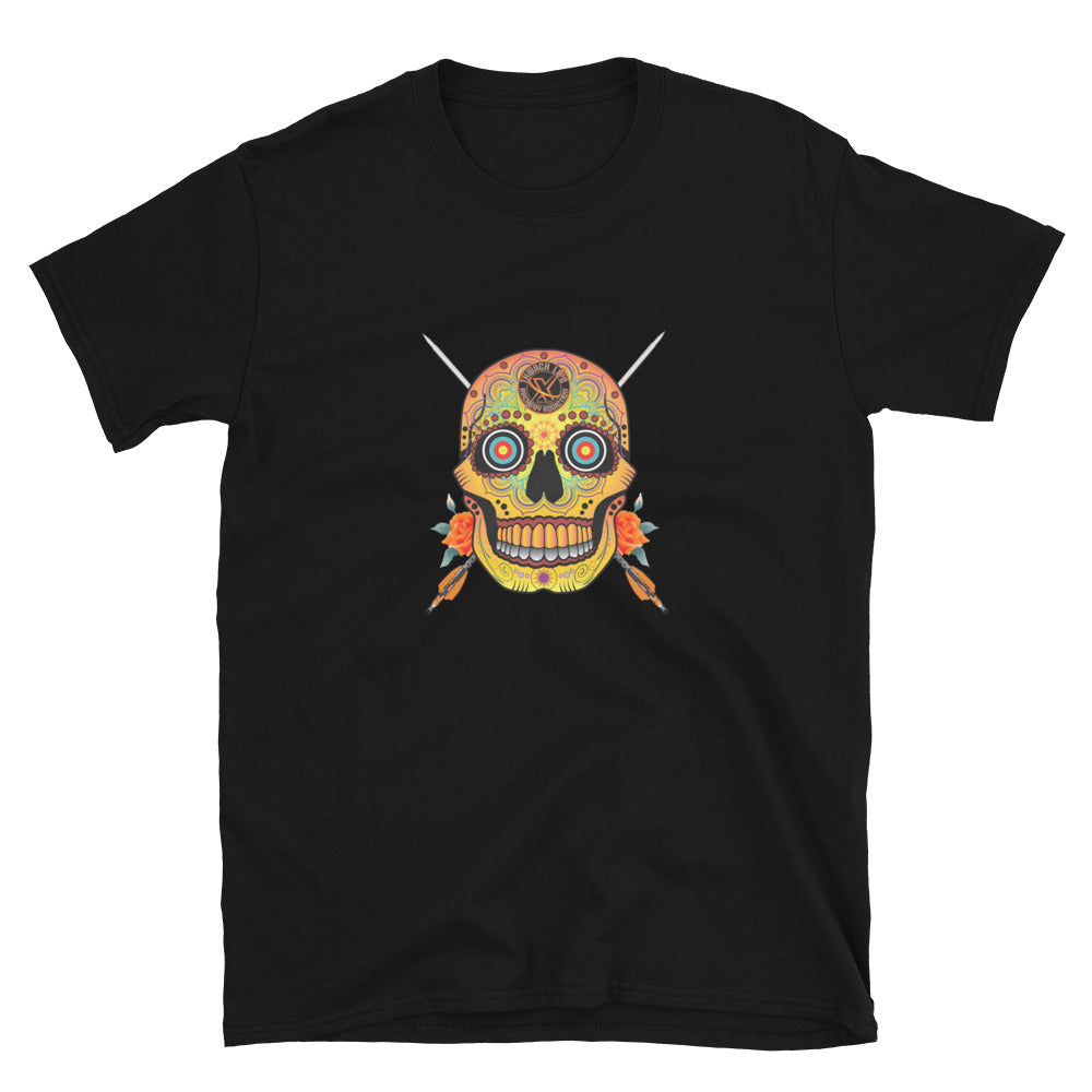 Sugar Skull T-Shirt in Black, flat front view with the Sugar Skull and crossed arrows