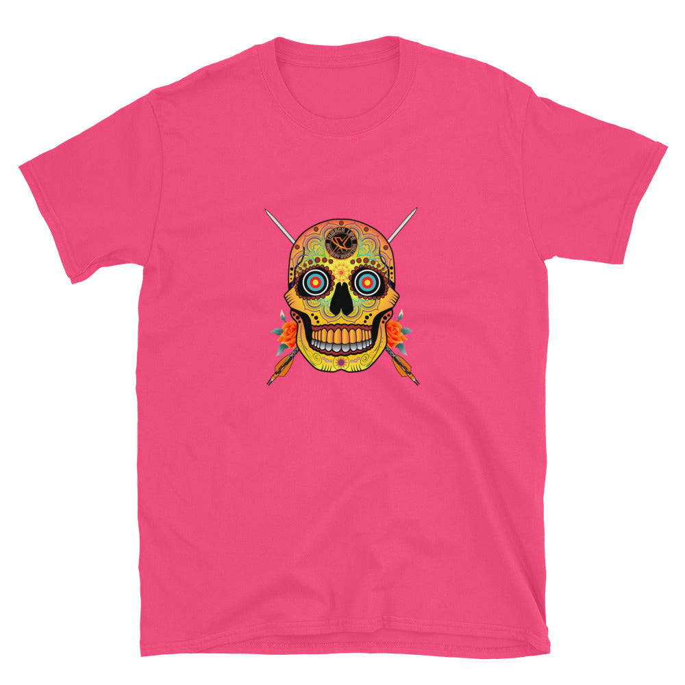 Sugar Skull T-Shirt in Heliconia, flat front view with the Sugar Skull and crossed arrows