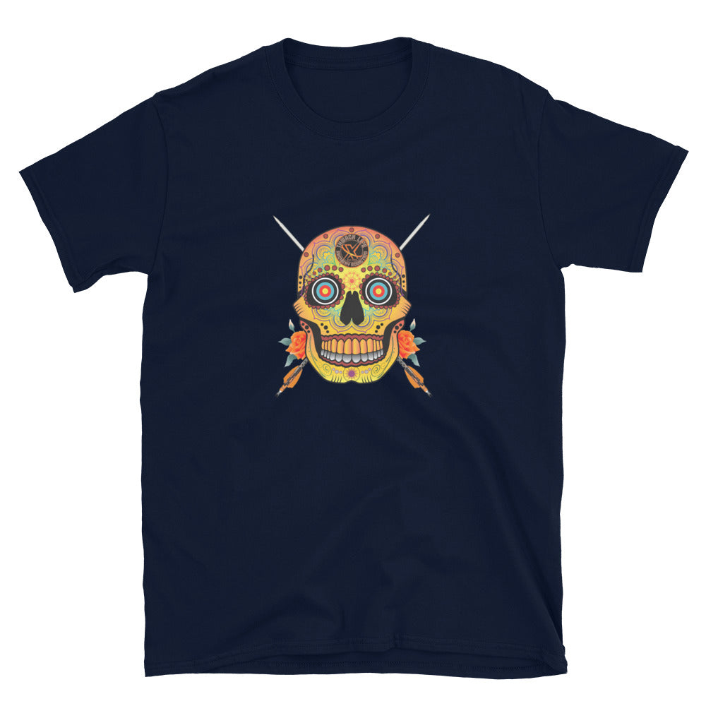 Sugar Skull T-Shirt in Navy, flat front view with the Sugar Skull and crossed arrows