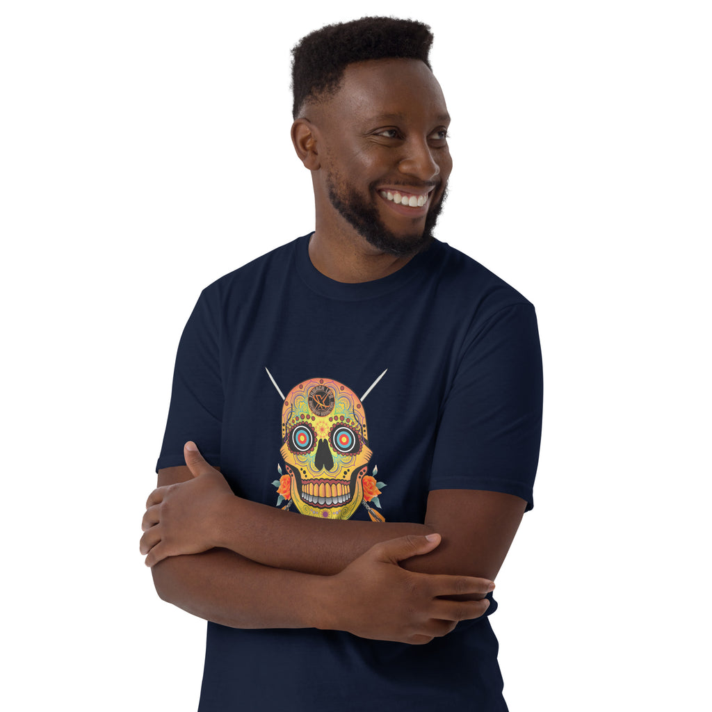 Sugar Skull T-Shirt in Navy, front view on a model, arms crossed