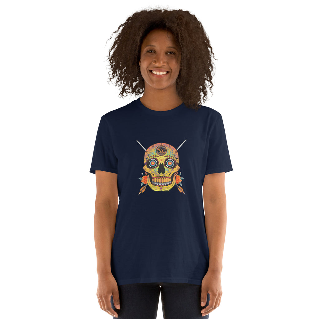 Sugar Skull T-Shirt in Navy, front view on a model with the Sugar Skull and crossed arrows