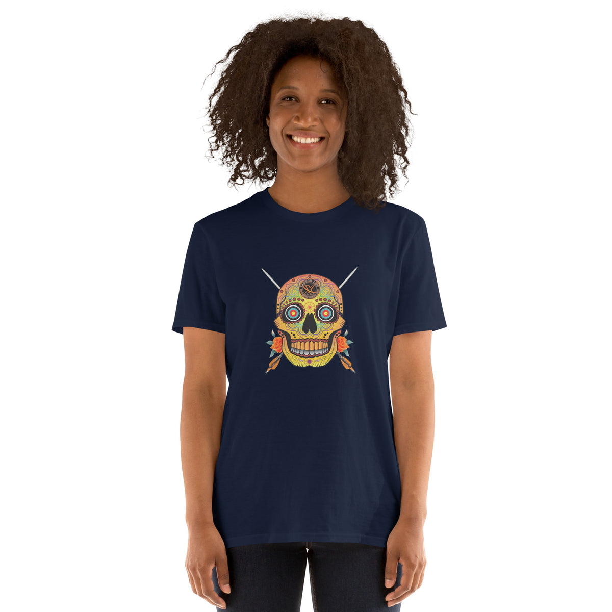 Sugar Skull T-Shirt in Navy, front view on a model with the Sugar Skull and crossed arrows