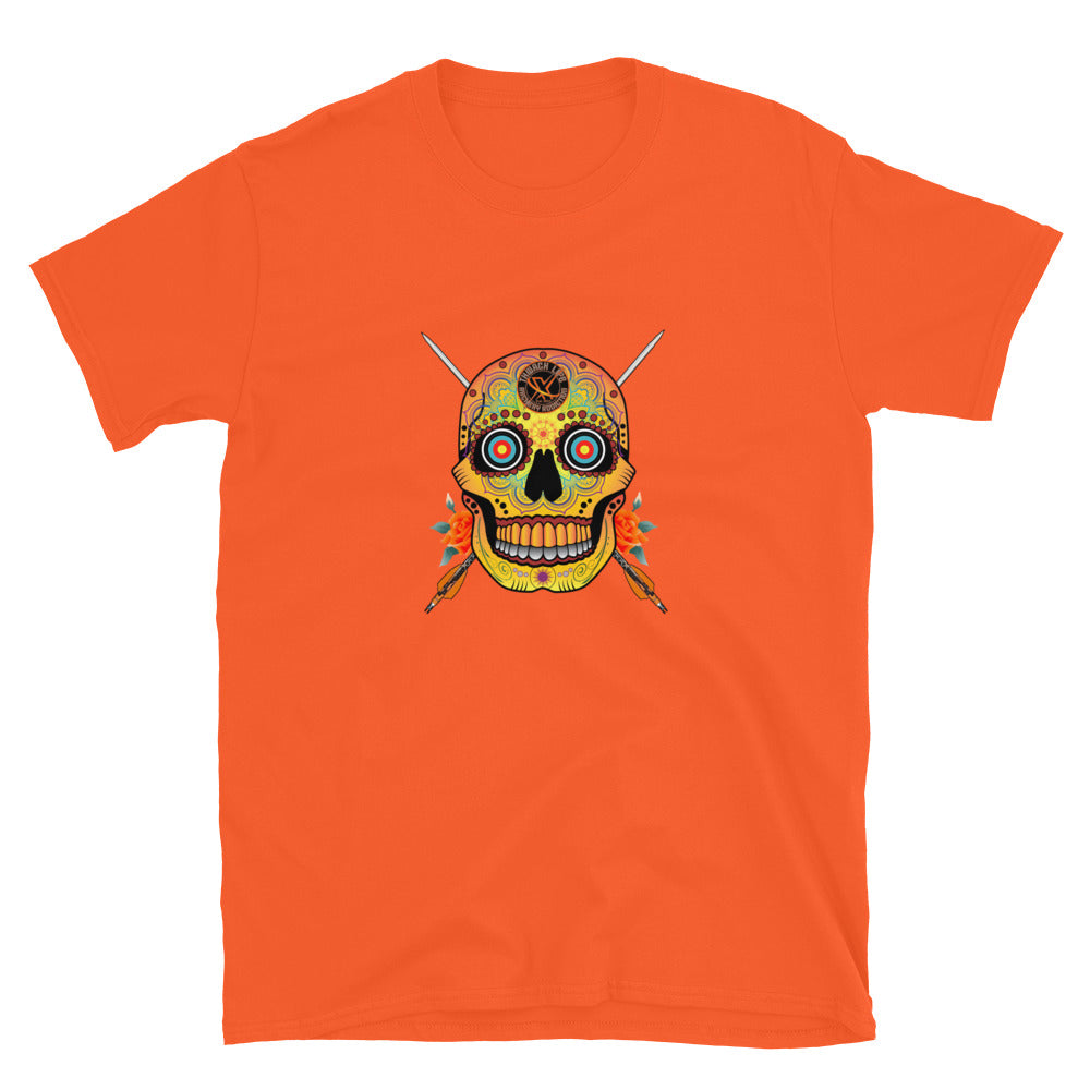 Sugar Skull T-Shirt in Orange, flat front view with the Sugar Skull and crossed arrows