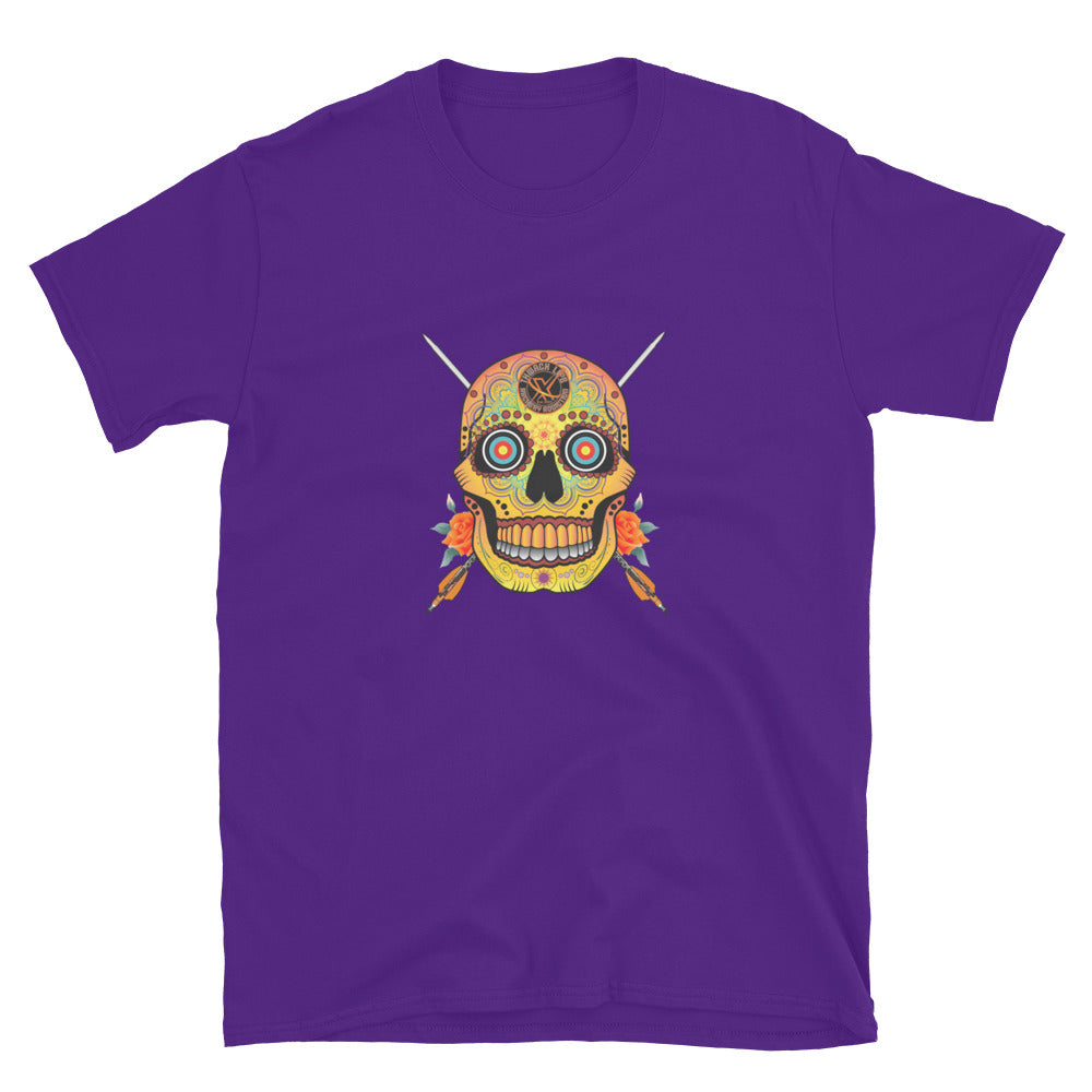 Sugar Skull T-Shirt in Purple, flat front view with the Sugar Skull and crossed arrows