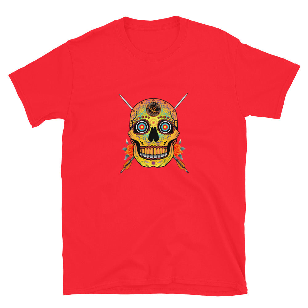 Sugar Skull T-Shirt in Red, flat front view with the Sugar Skull and crossed arrows