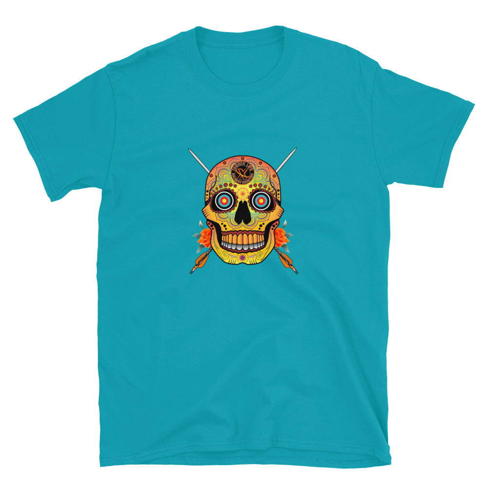 Sugar Skull T-Shirt in Tropical Blue, flat front view with the Sugar Skull and crossed arrows