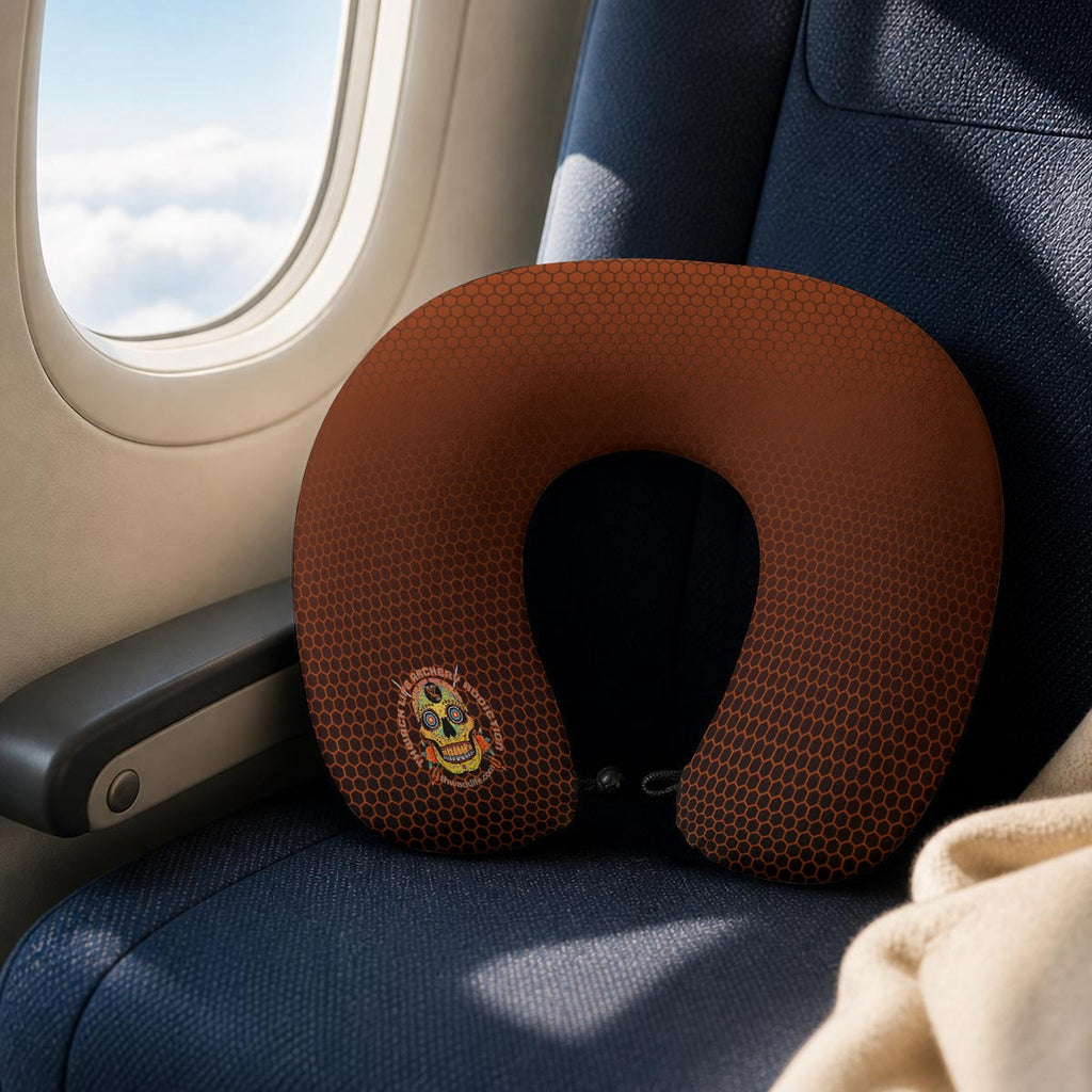 Sugar Skull Travel Neck Pillow, on an airplane seat by the window