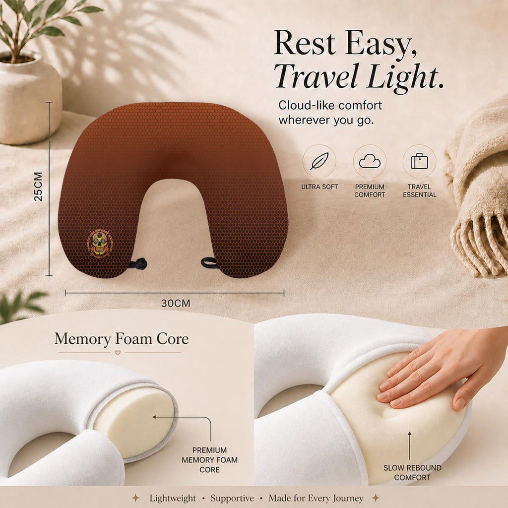 Sugar Skull Travel Neck Pillow, feature graphic showing the 30 by 25 cm size and memory foam core
