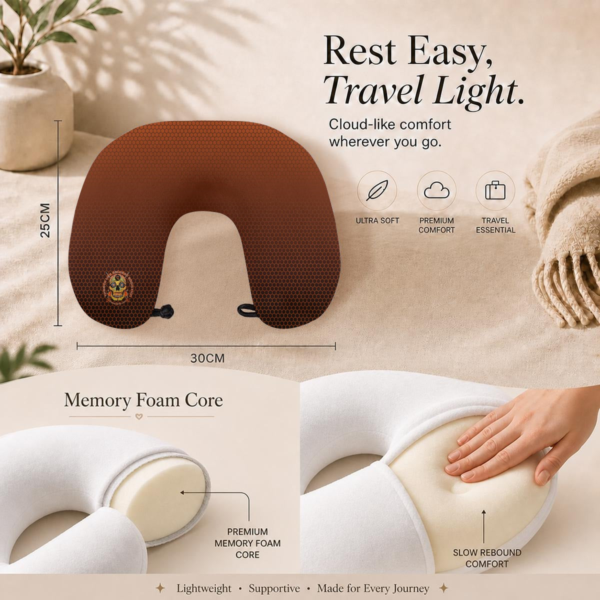 Sugar Skull Travel Neck Pillow, feature graphic showing the 30 by 25 cm size and memory foam core