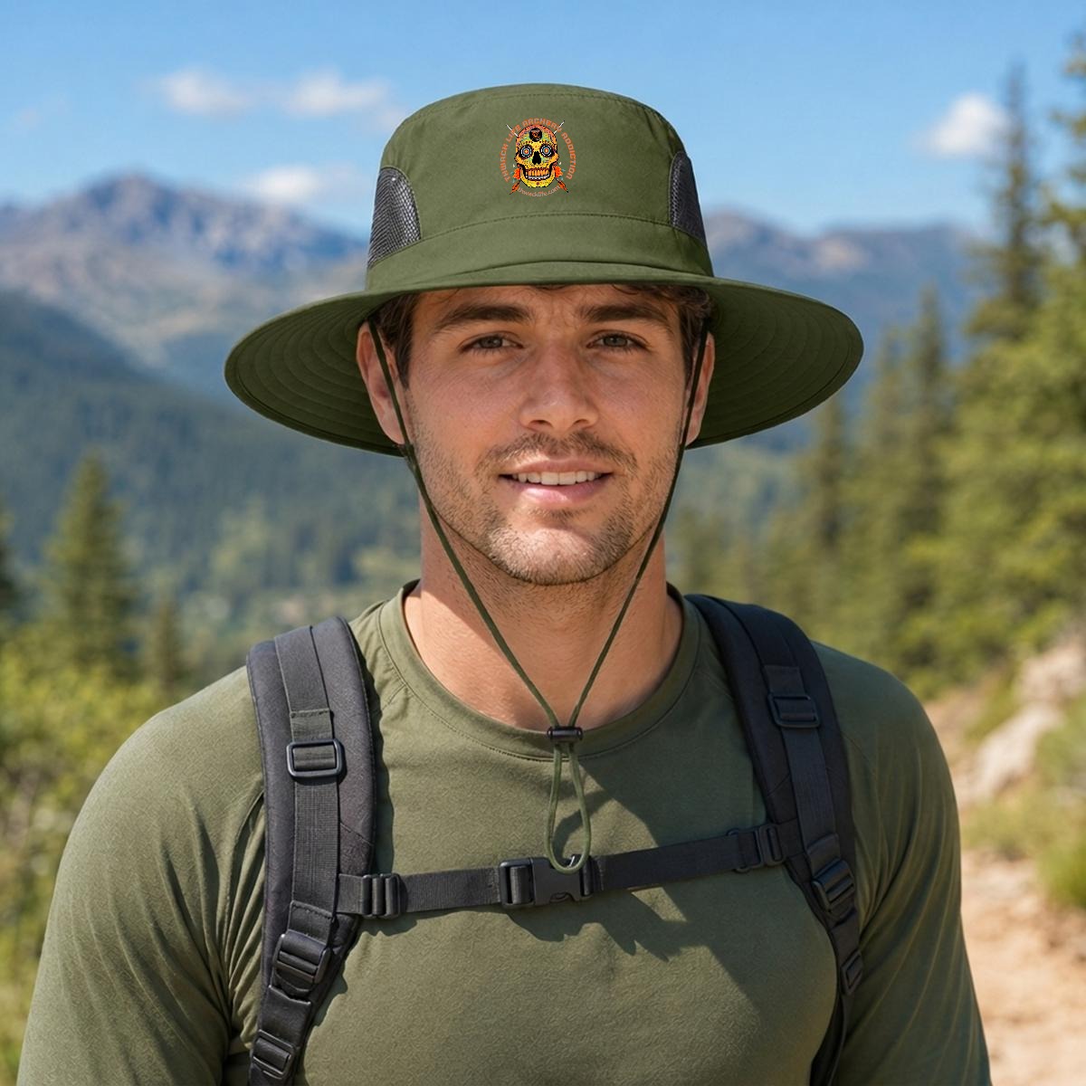 Sugar Skull Wide Brim Sun Hat in Army Green, front view on a hiker