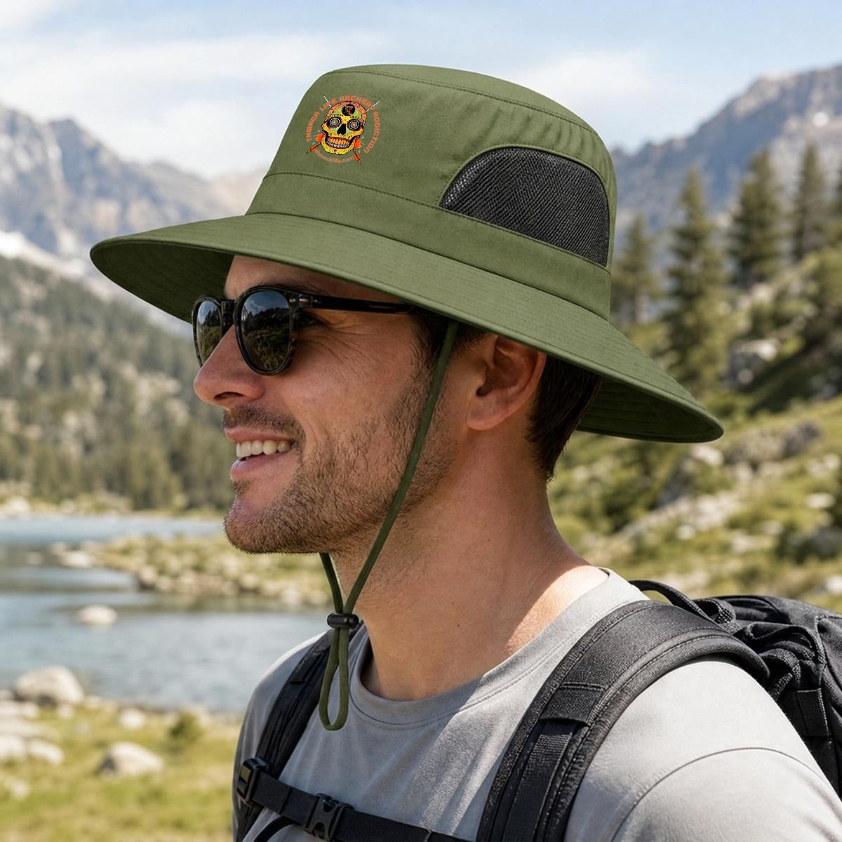 Sugar Skull Wide Brim Sun Hat in Army Green, side view on a hiker