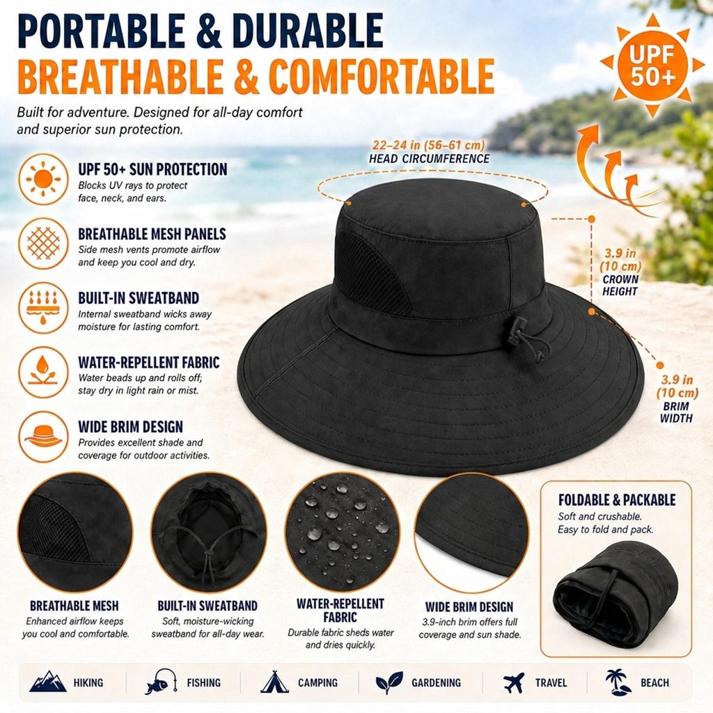 Sugar Skull Wide Brim Sun Hat in Black, feature graphic with UPF 50+, mesh panels, sweatband, water-repellent fabric, and measurements