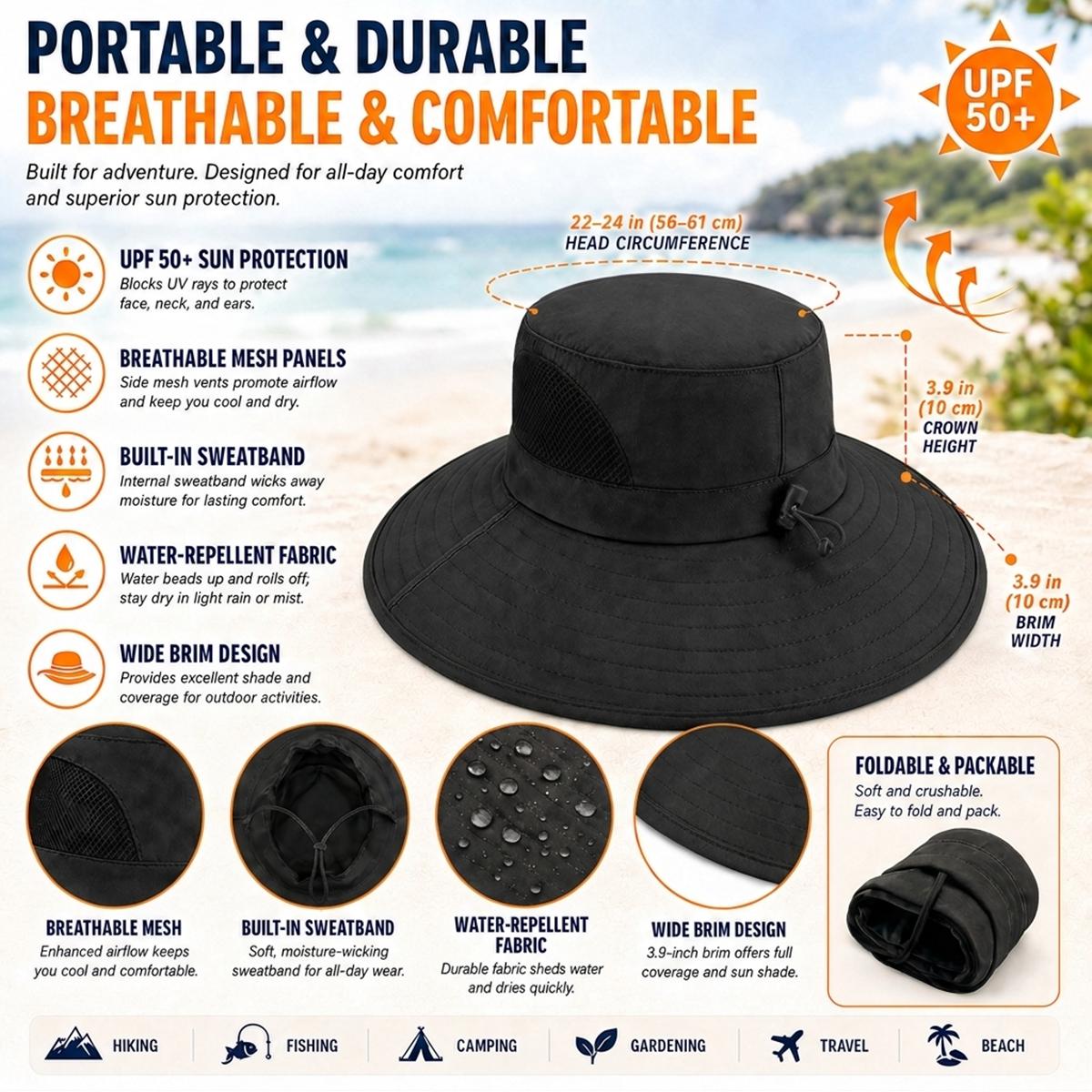 Sugar Skull Wide Brim Sun Hat in Black, feature graphic with UPF 50+, mesh panels, sweatband, water-repellent fabric, and measurements