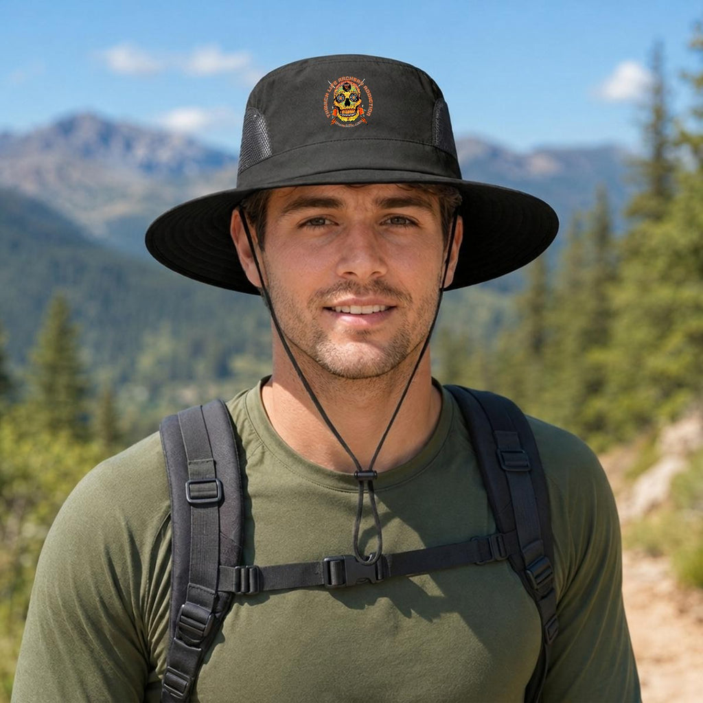Sugar Skull Wide Brim Sun Hat in Black, front view on a hiker