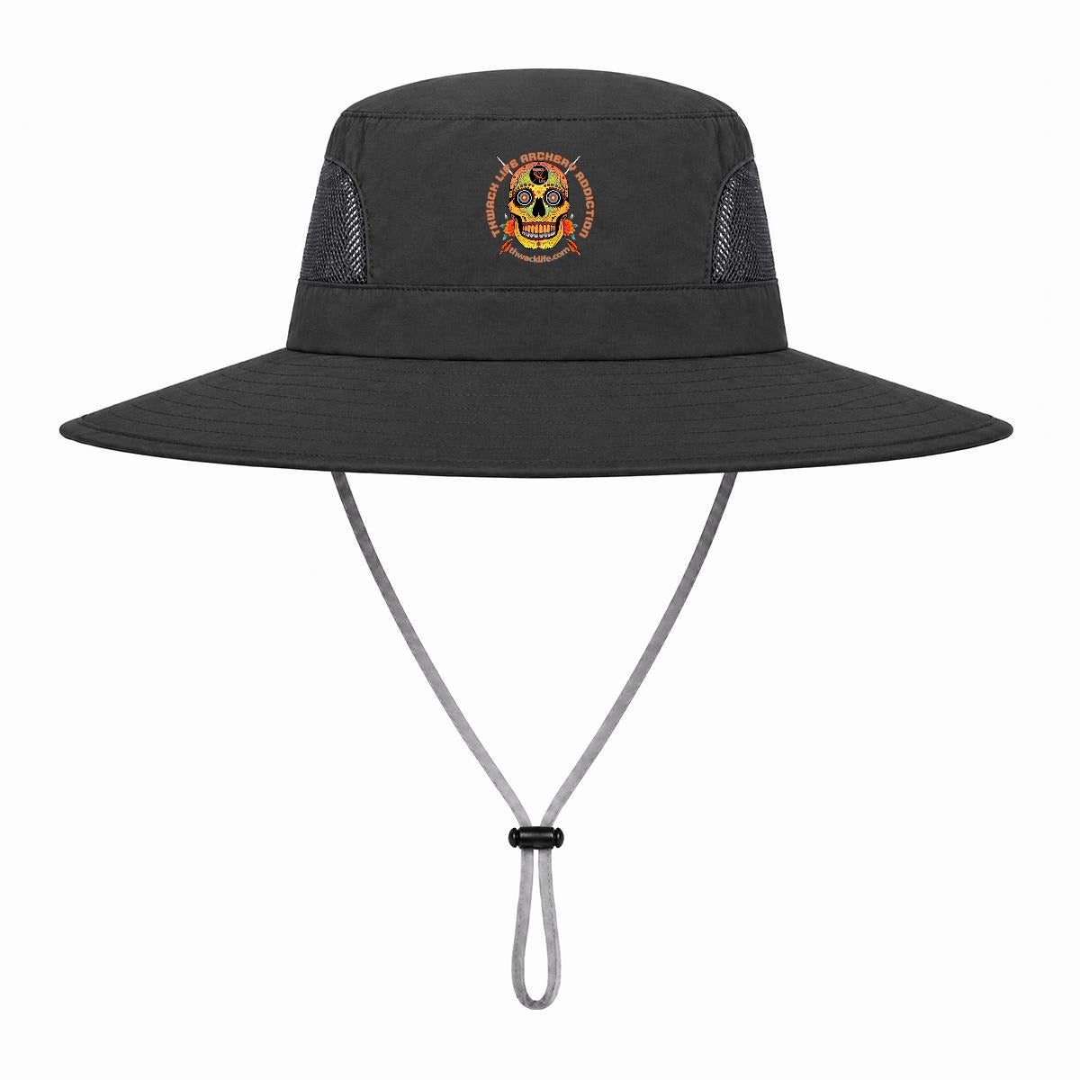 Sugar Skull Wide Brim Sun Hat in Black, product view with the chin cord