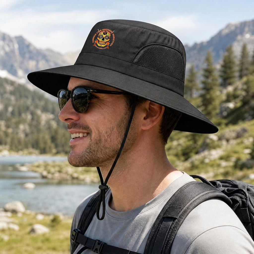 Sugar Skull Wide Brim Sun Hat in Black, side view on a hiker