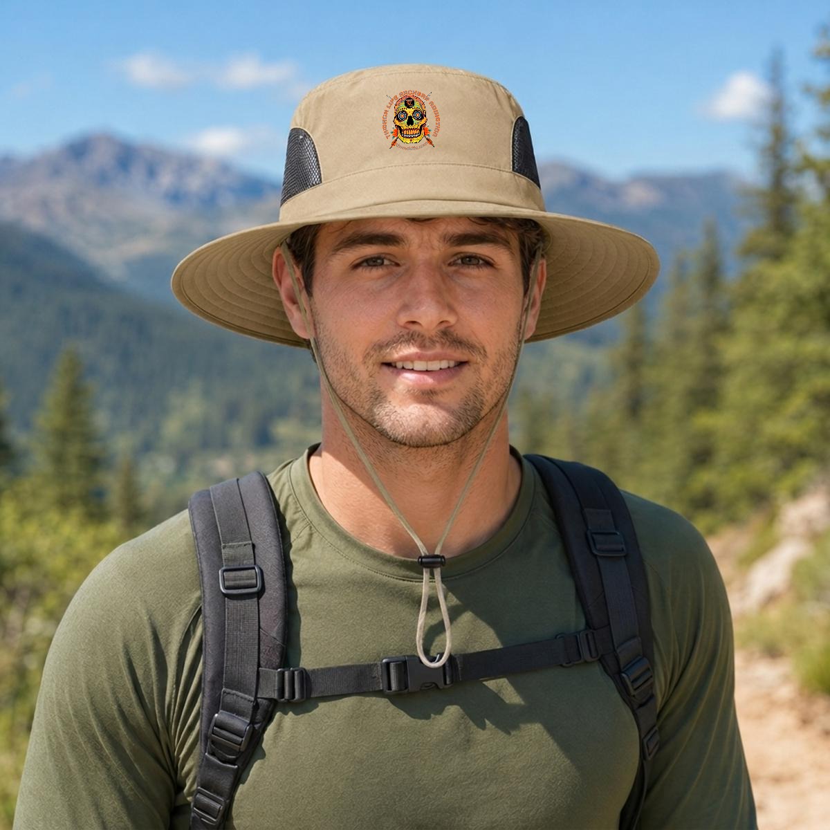 Sugar Skull Wide Brim Sun Hat in Coffee, front view on a hiker