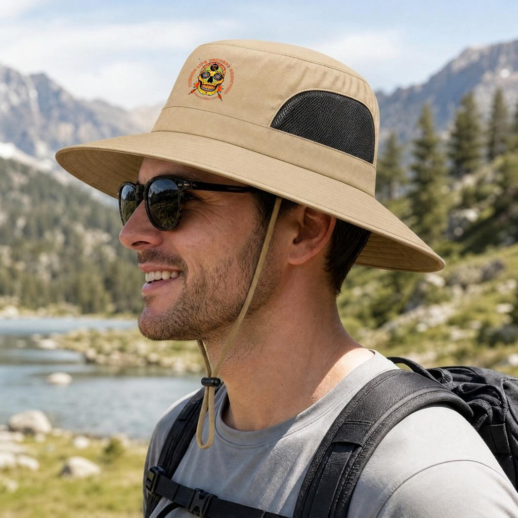 Sugar Skull Wide Brim Sun Hat in Coffee, side view on a hiker