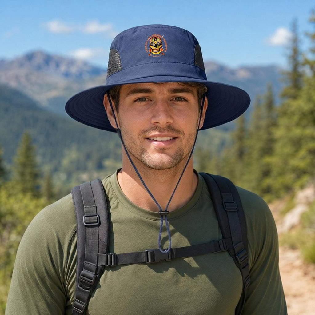 Sugar Skull Wide Brim Sun Hat in Dark Blue, front view on a hiker