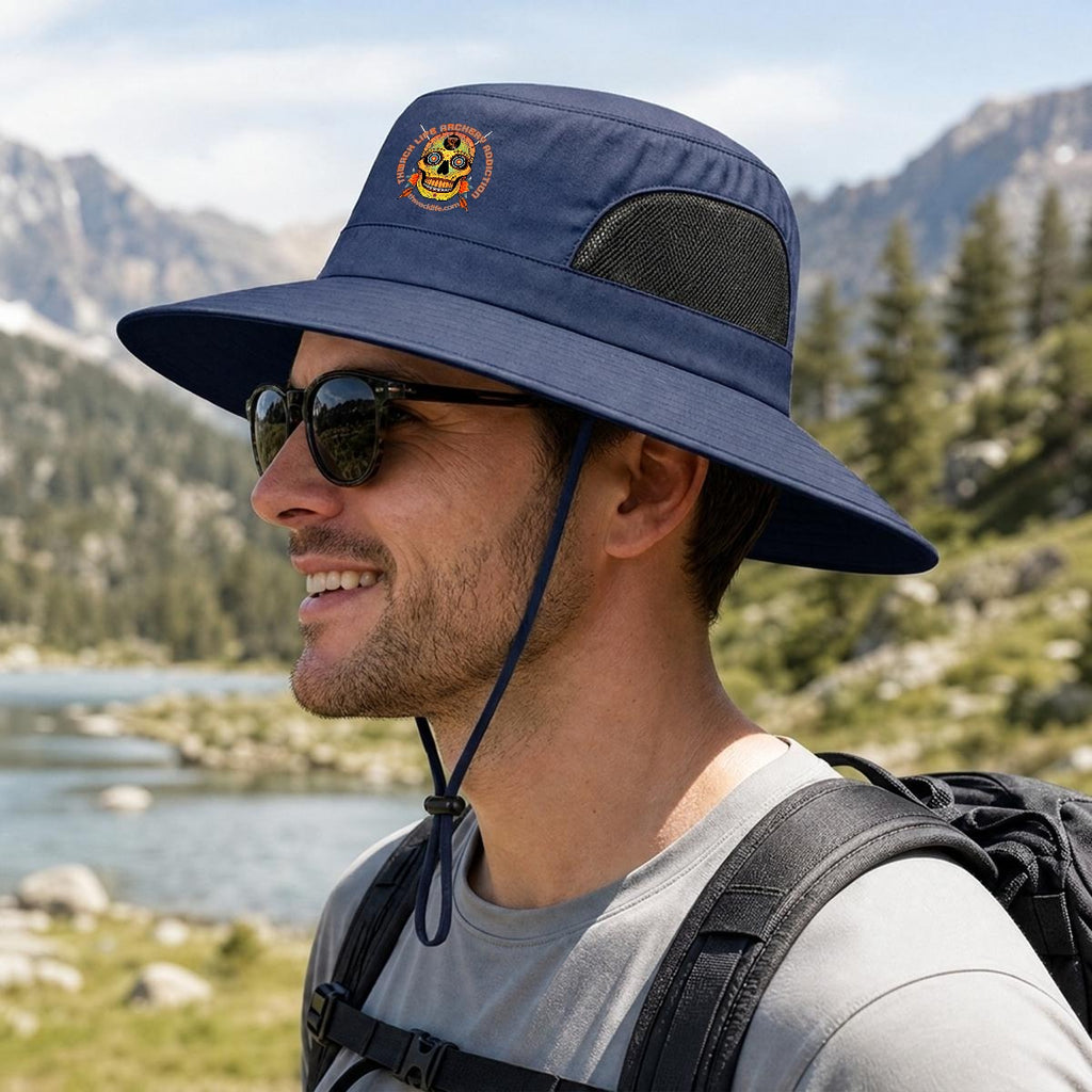 Sugar Skull Wide Brim Sun Hat in Dark Blue, side view on a hiker