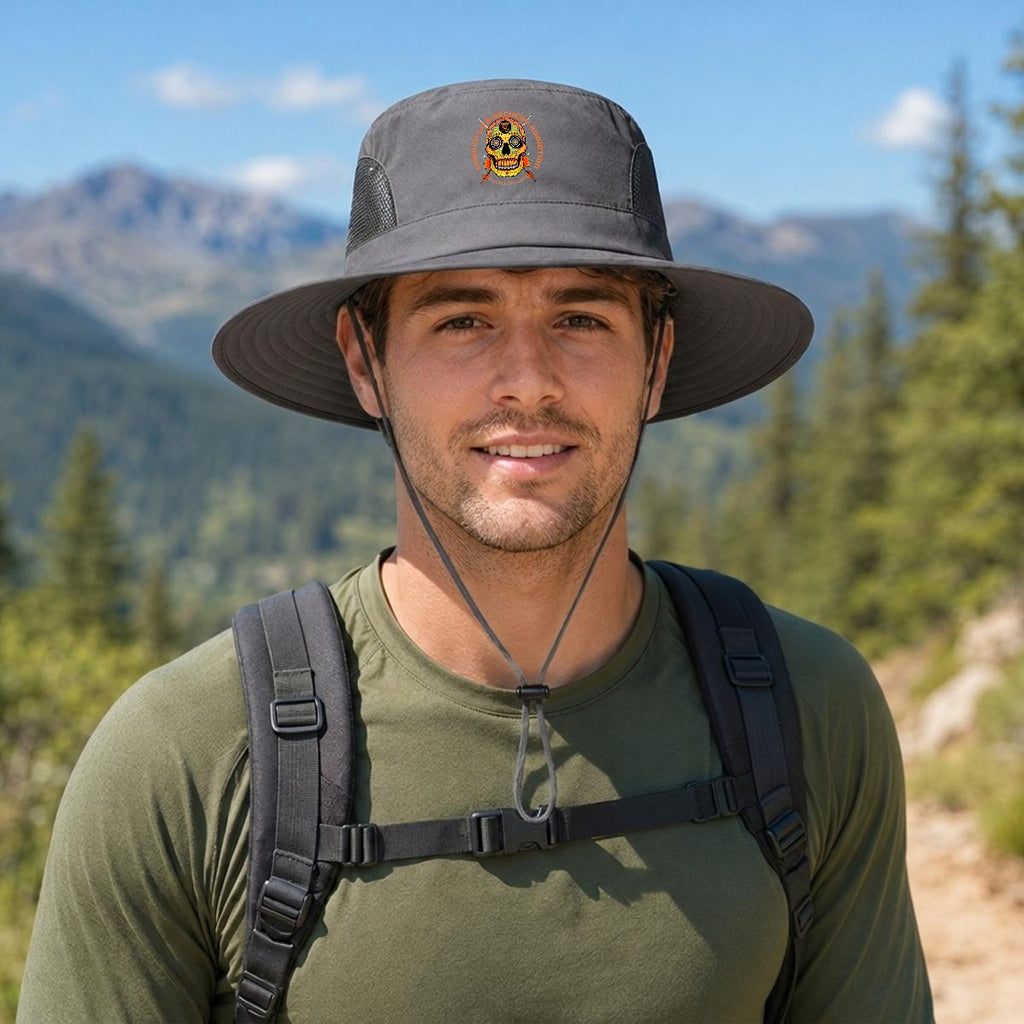 Sugar Skull Wide Brim Sun Hat in Gray, front view on a hiker