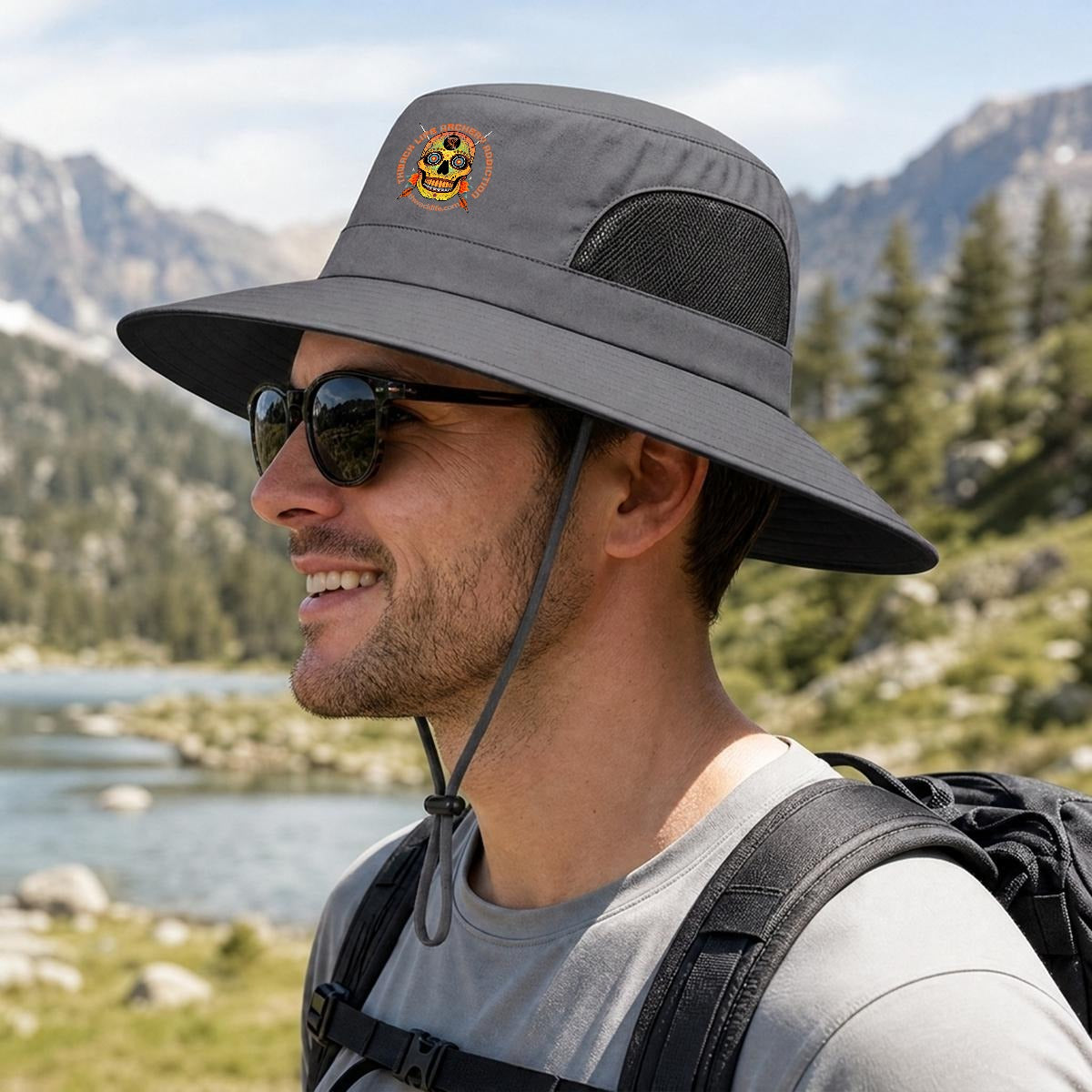 Sugar Skull Wide Brim Sun Hat in Gray, side view on a hiker