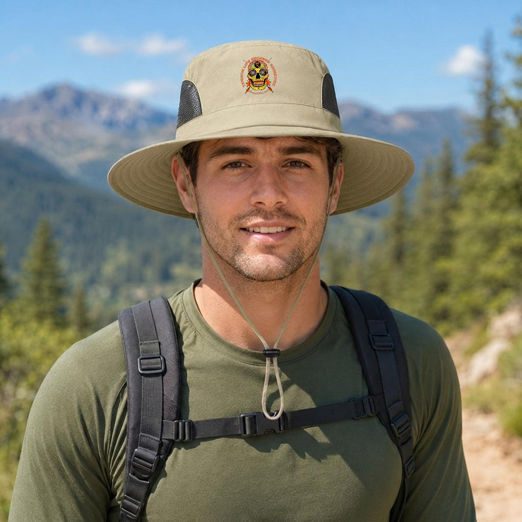 Sugar Skull Wide Brim Sun Hat in Khaki, front view on a hiker