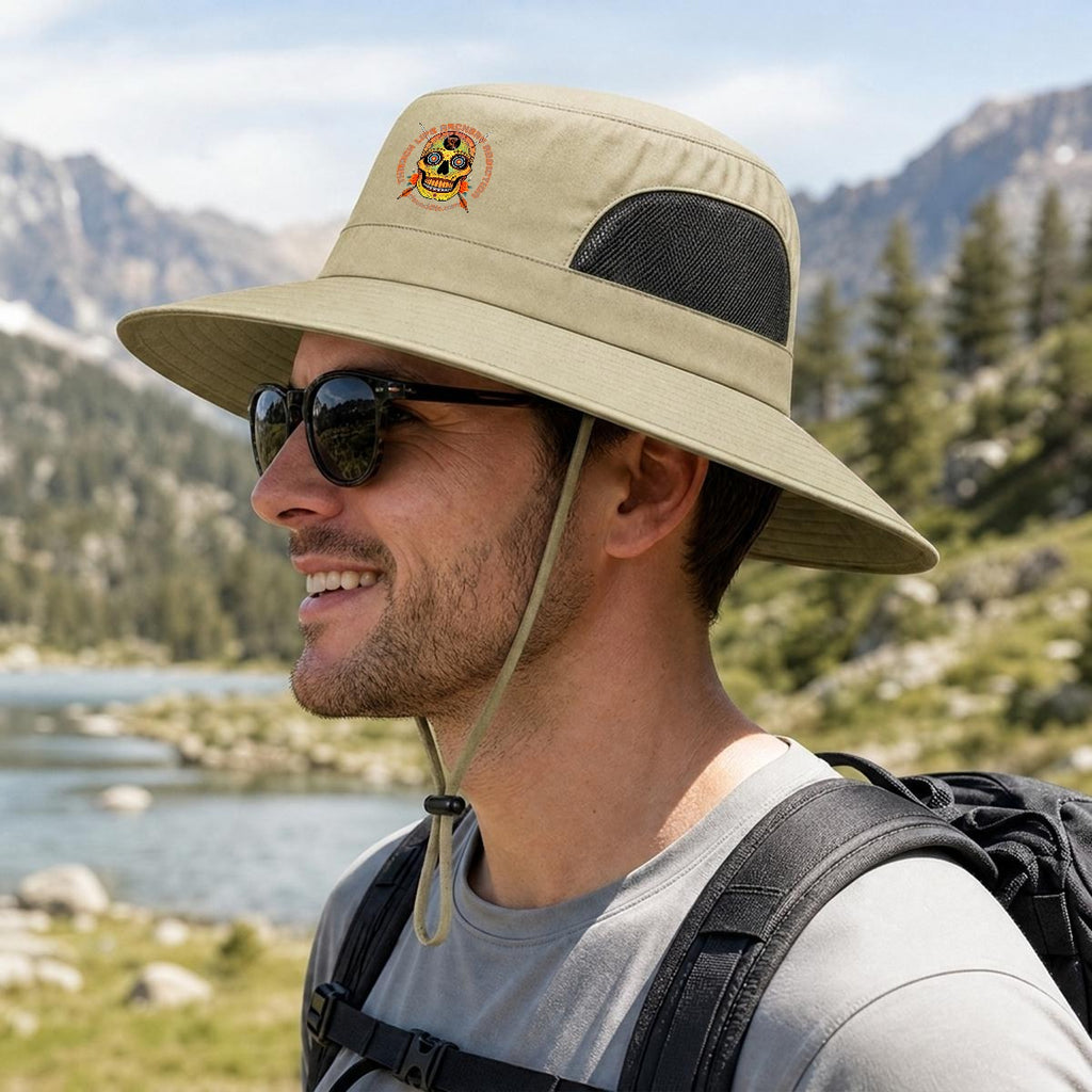 Sugar Skull Wide Brim Sun Hat in Khaki, side view on a hiker