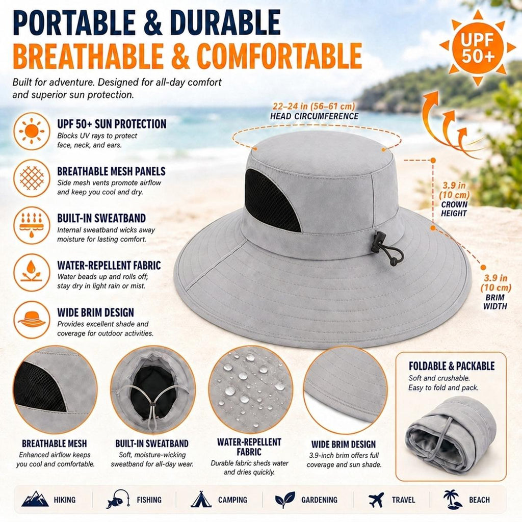 Sugar Skull Wide Brim Sun Hat in Light Gray, feature graphic with UPF 50+, mesh panels, sweatband, water-repellent fabric, and measurements