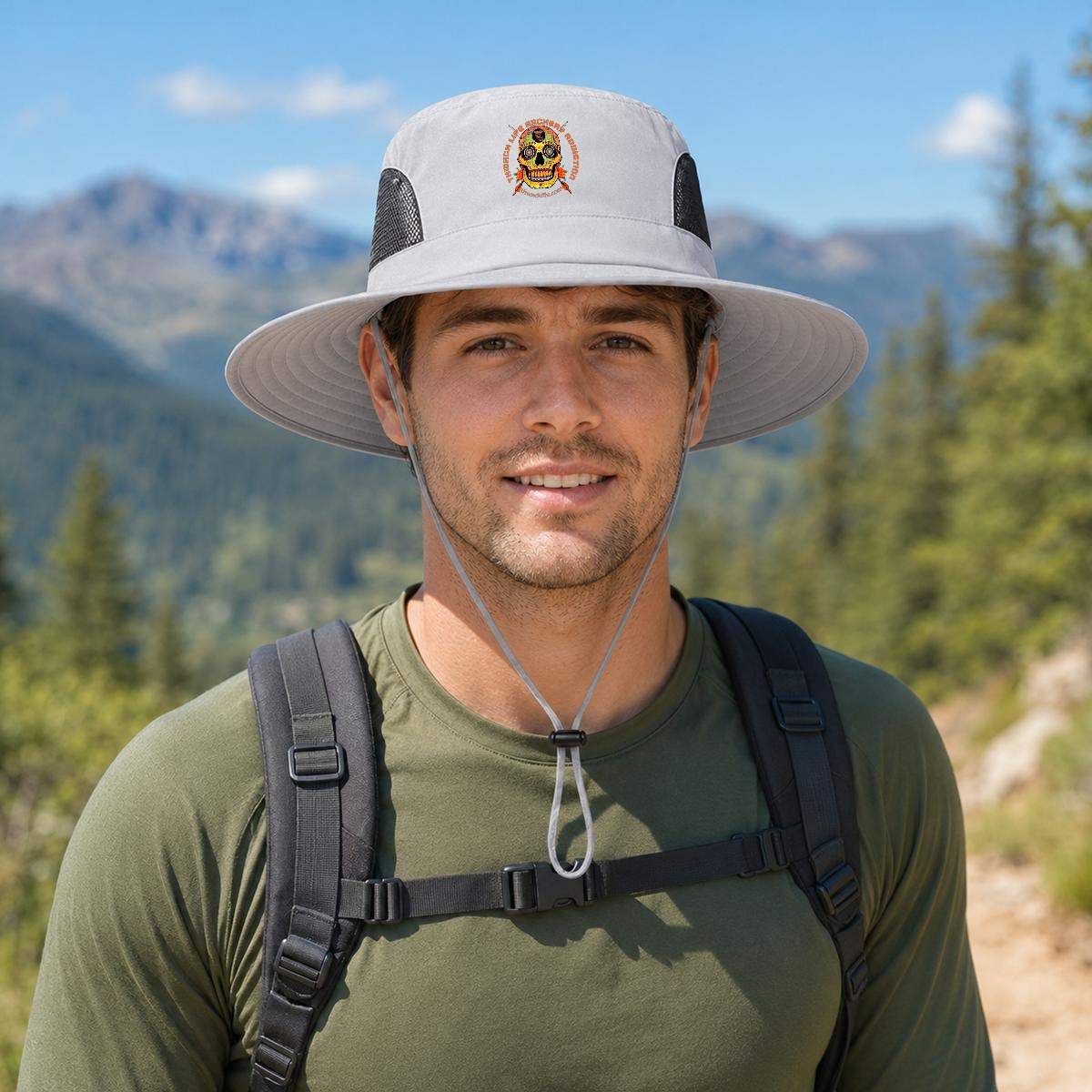 Sugar Skull Wide Brim Sun Hat in Light Gray, front view on a hiker