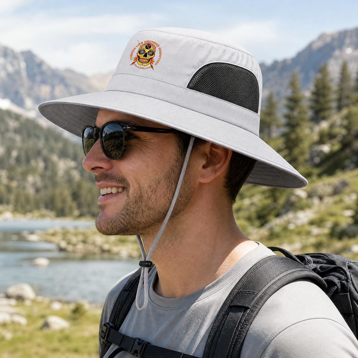 Sugar Skull Wide Brim Sun Hat in Light Gray, side view on a hiker