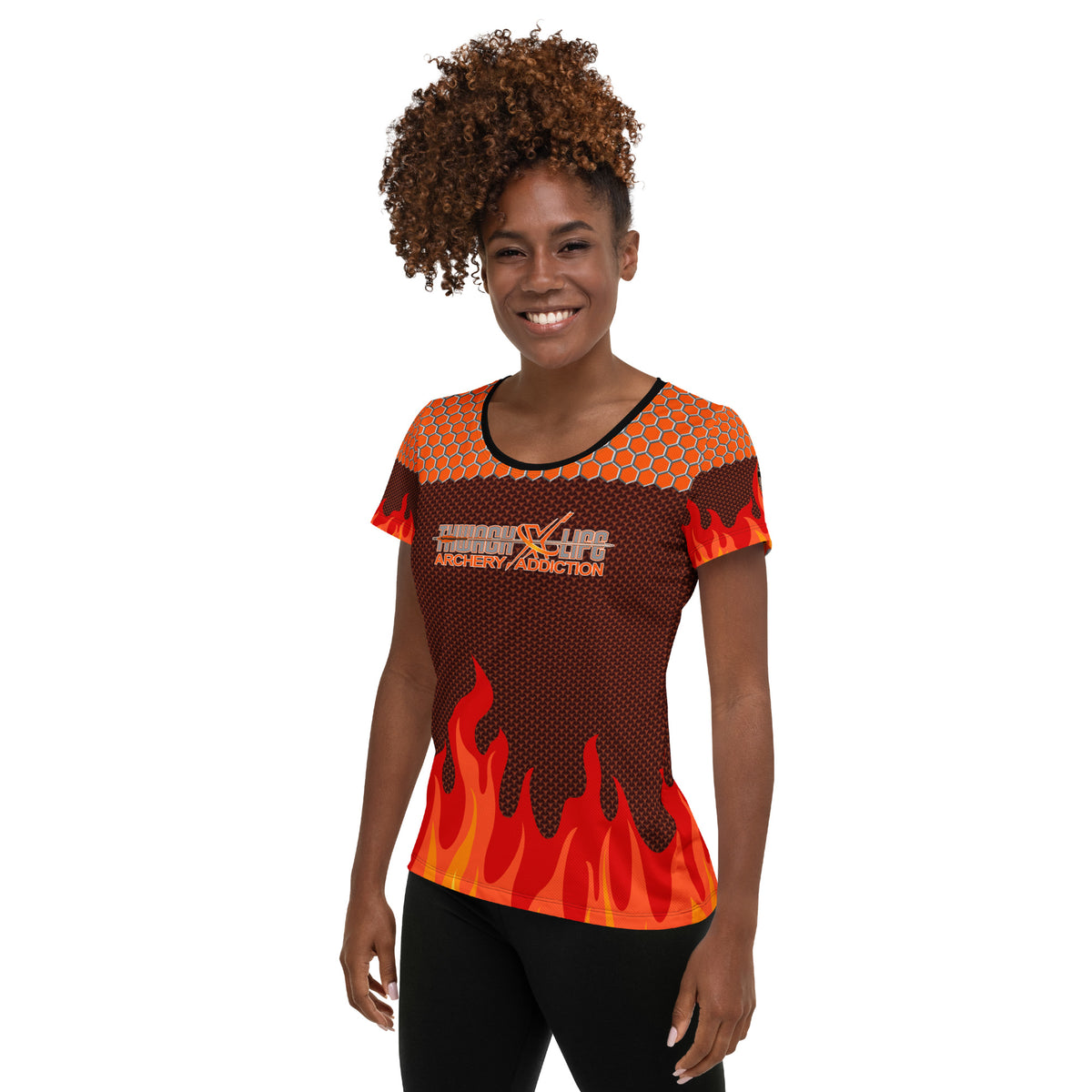Sugar Skull Women's Athletic T-Shirt, front view on a model, flame and orange hex design with the Thwack Life Archery Addiction wordmark