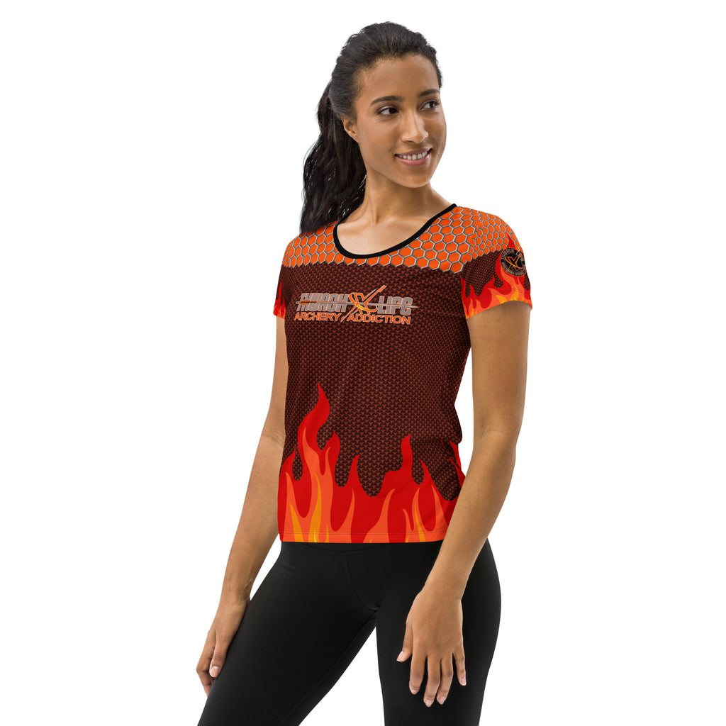 Sugar Skull Women's Athletic T-Shirt, three-quarter view on a model