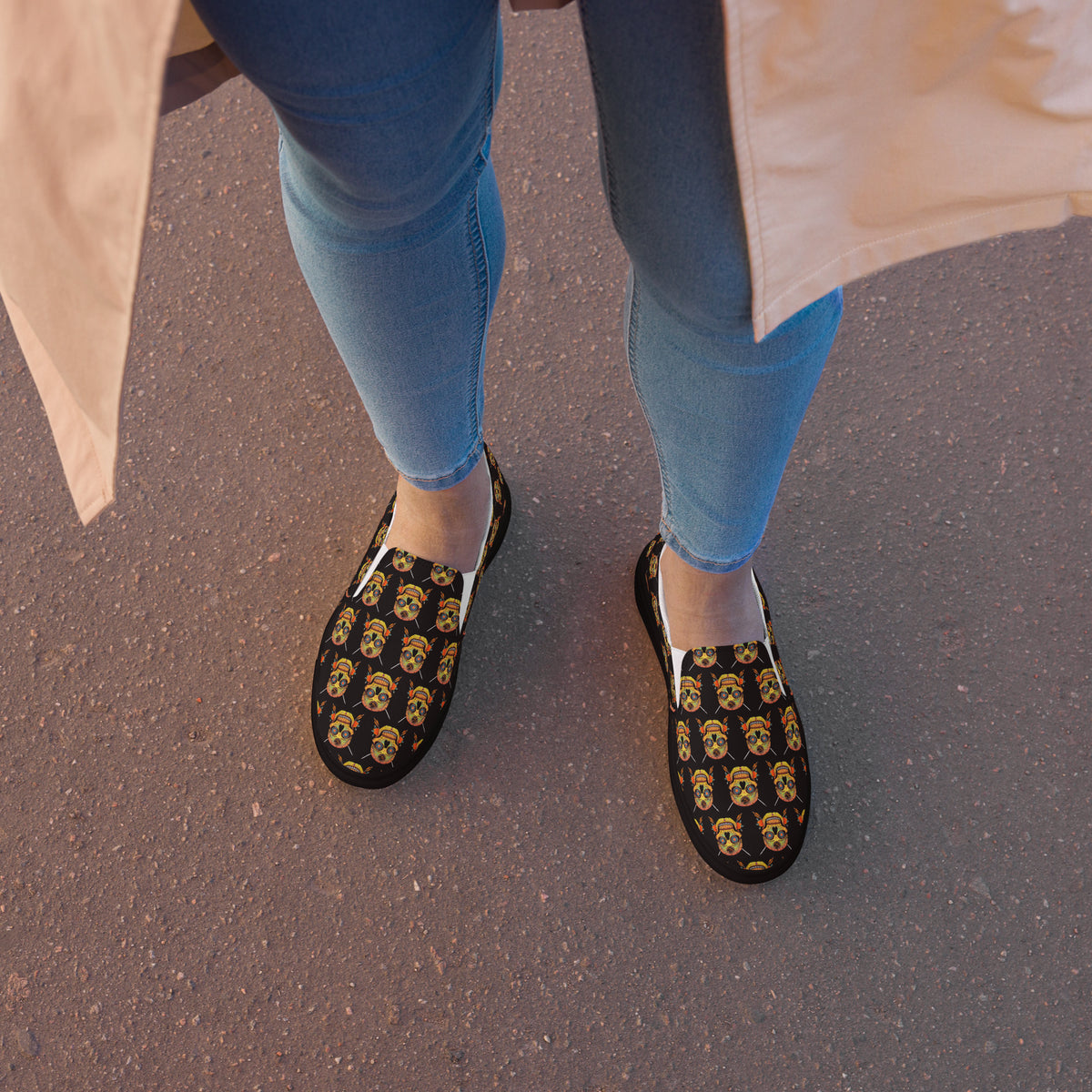 Sugar Skull Women's Kick-Around Shoes, worn walking with jeans