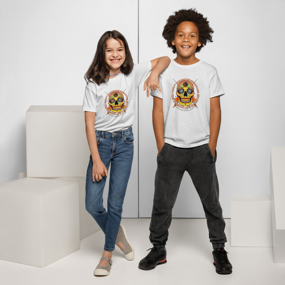 Sugar Skull Youth T-Shirt in Ash, worn by two kids