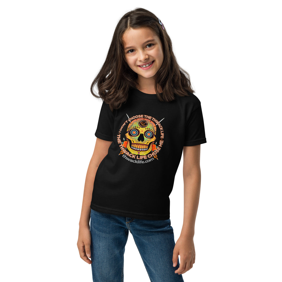 Sugar Skull Youth T-Shirt in Black, worn by a child, showing the Sugar Skull inside the "I didn't choose the Thwack Life, the Thwack Life chose me" ring