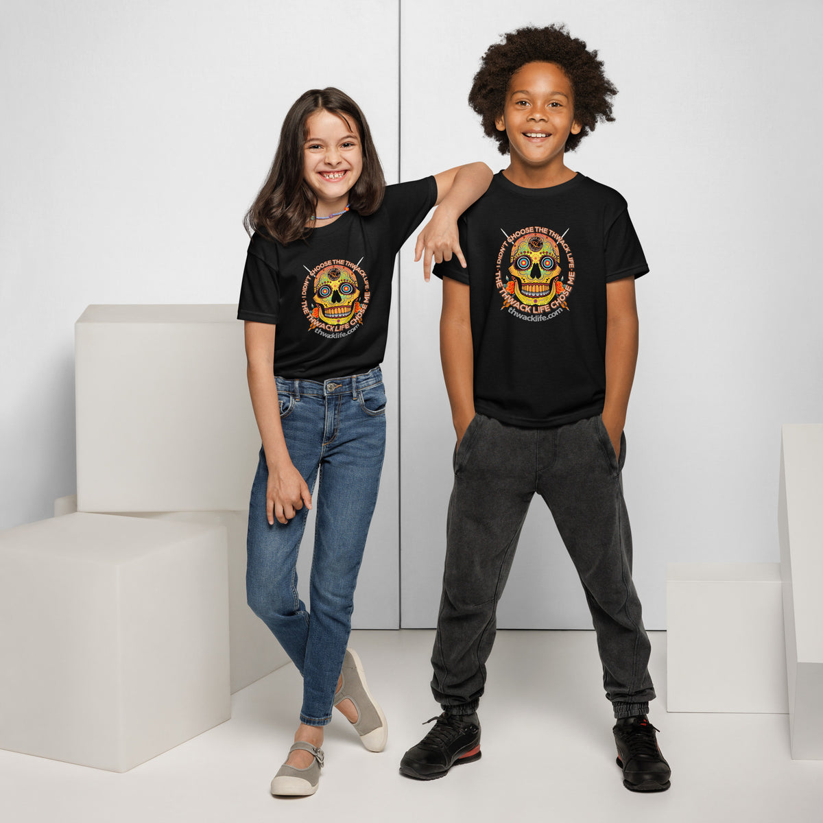 Sugar Skull Youth T-Shirt in Black, worn by two kids