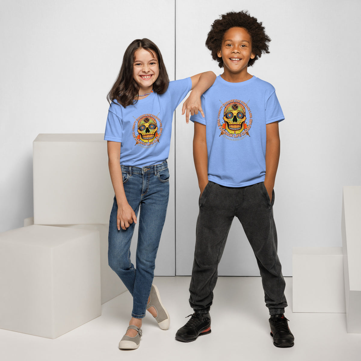 Sugar Skull Youth T-Shirt in Carolina Blue, worn by two kids