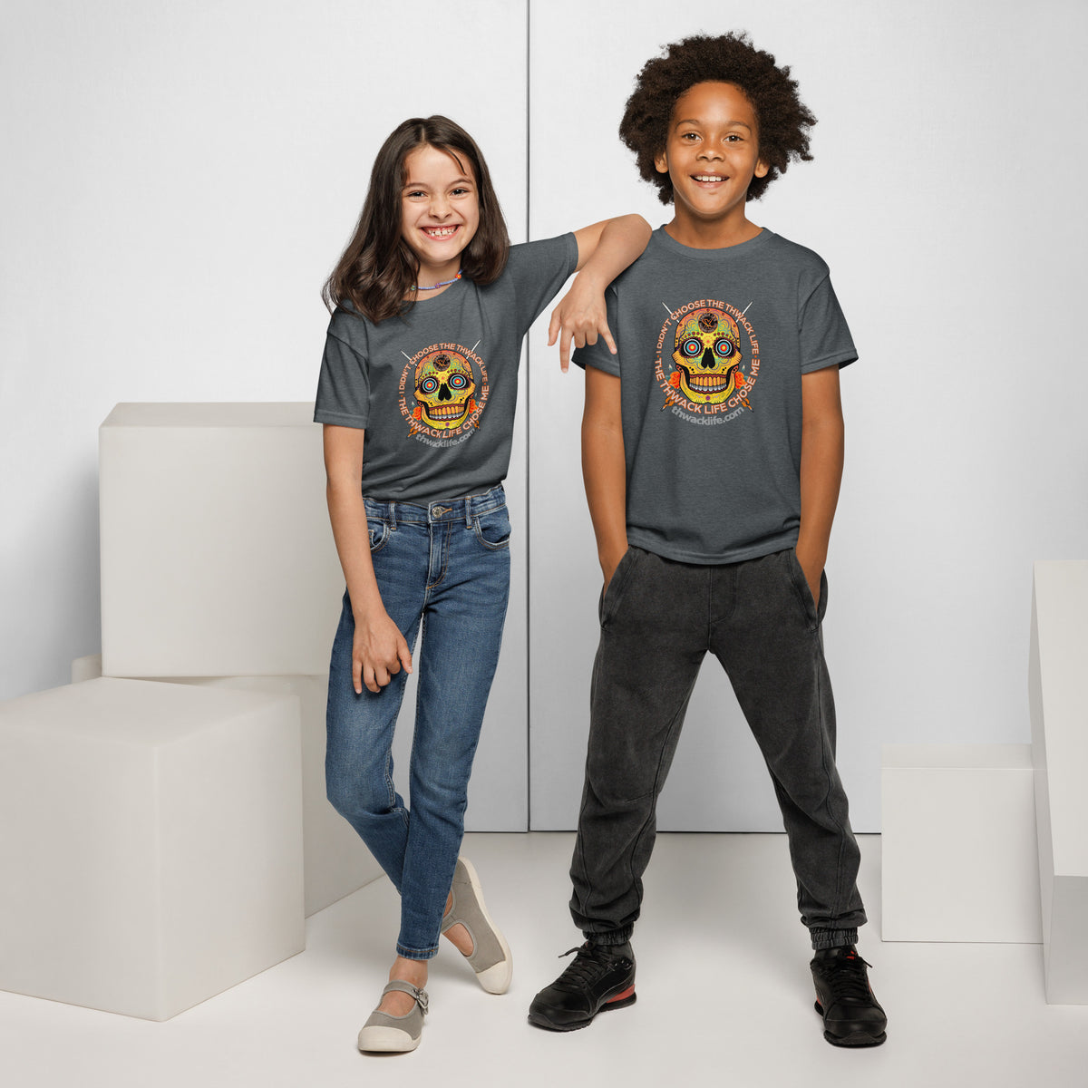 Sugar Skull Youth T-Shirt in Dark Heather, worn by two kids