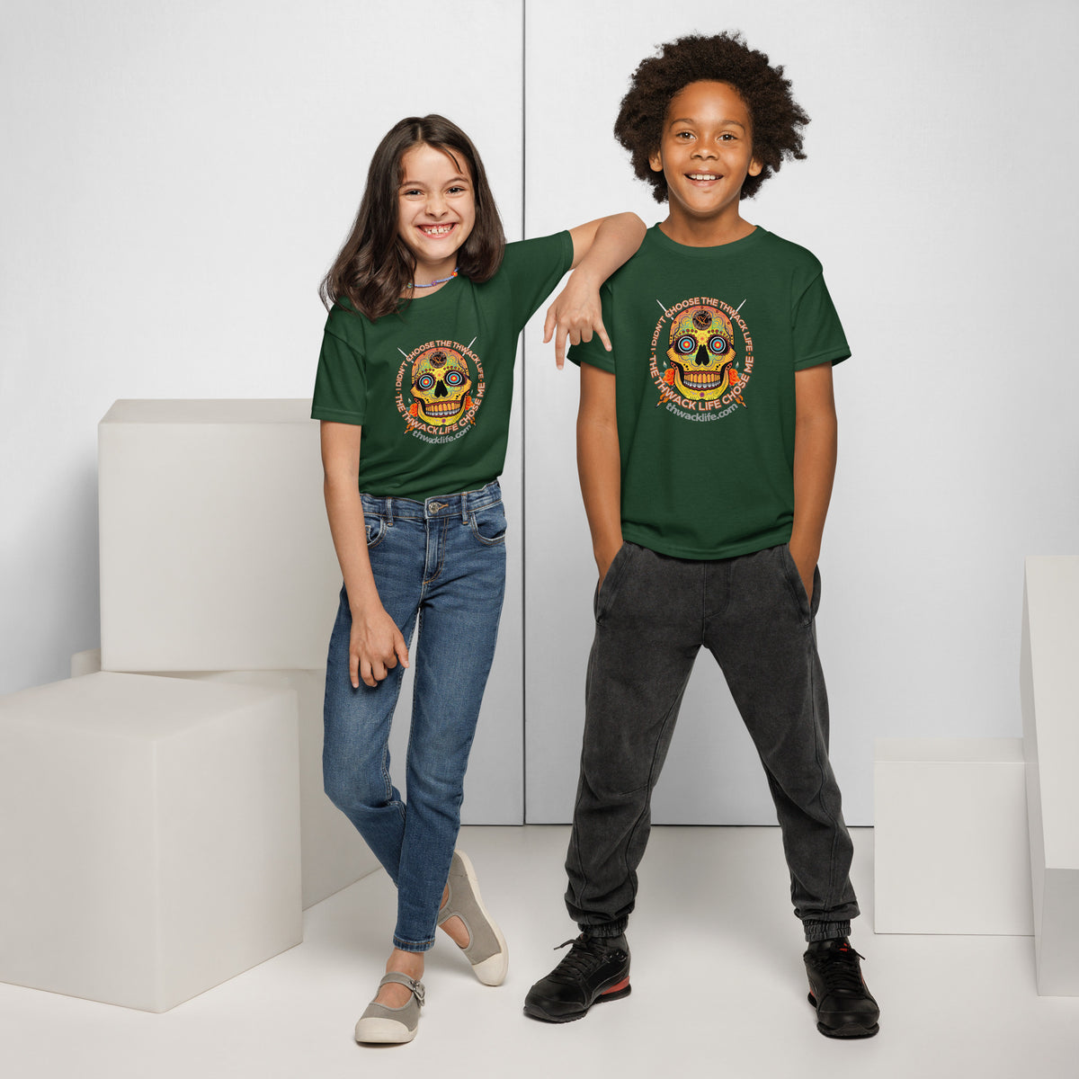 Sugar Skull Youth T-Shirt in Forest Green, worn by two kids
