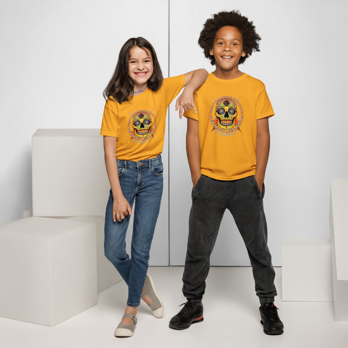 Sugar Skull Youth T-Shirt in Gold, worn by two kids