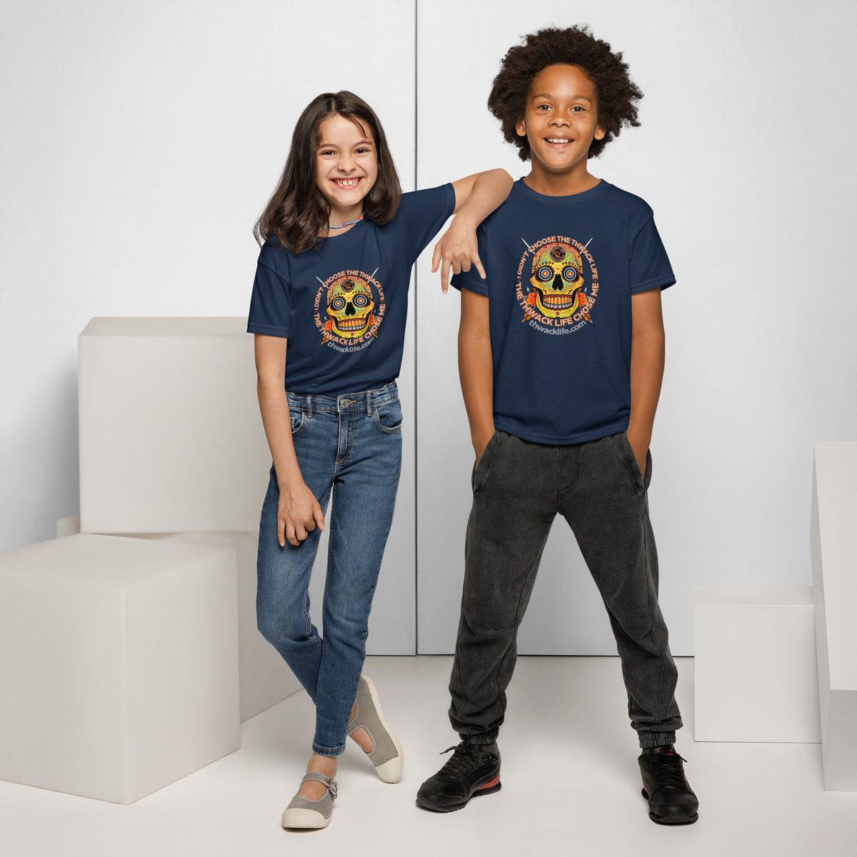 Sugar Skull Youth T-Shirt in Navy, worn by two kids