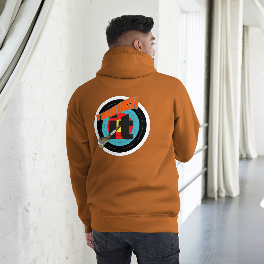 Thwack It Pullover Hoodie in Adobe, back view on a model showing the THWACK it target-and-arrow design