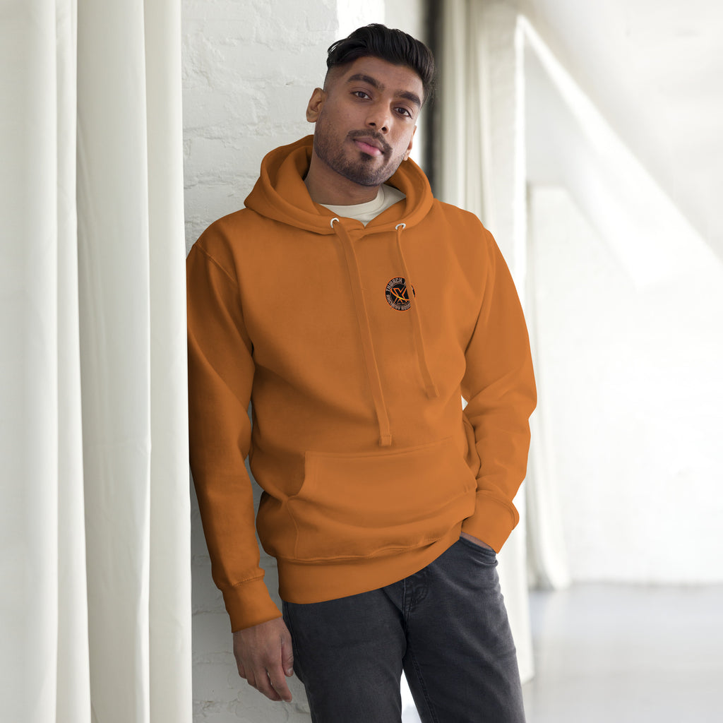 Thwack It Pullover Hoodie in Adobe, front view on a model with the small round chest logo